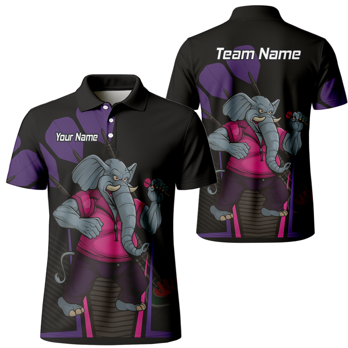 Personalised Furious Elephant Darts Polo Shirt Black Pink Purple For Men V0082 main image - polo No