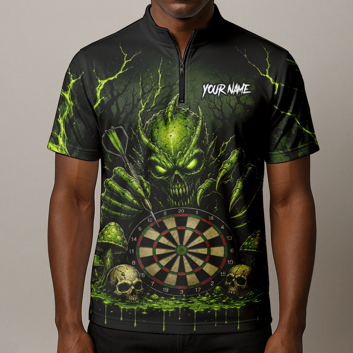 Personalised Black & Green Monster Skull Dartboard Darts Shirt For Men A277