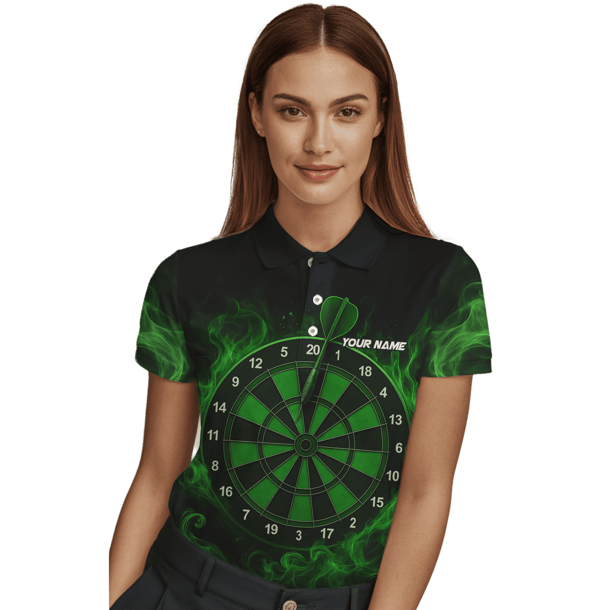 Personalized Green Flame Dart Board Polo Shirt Black Green For Women W9913 additional image 3