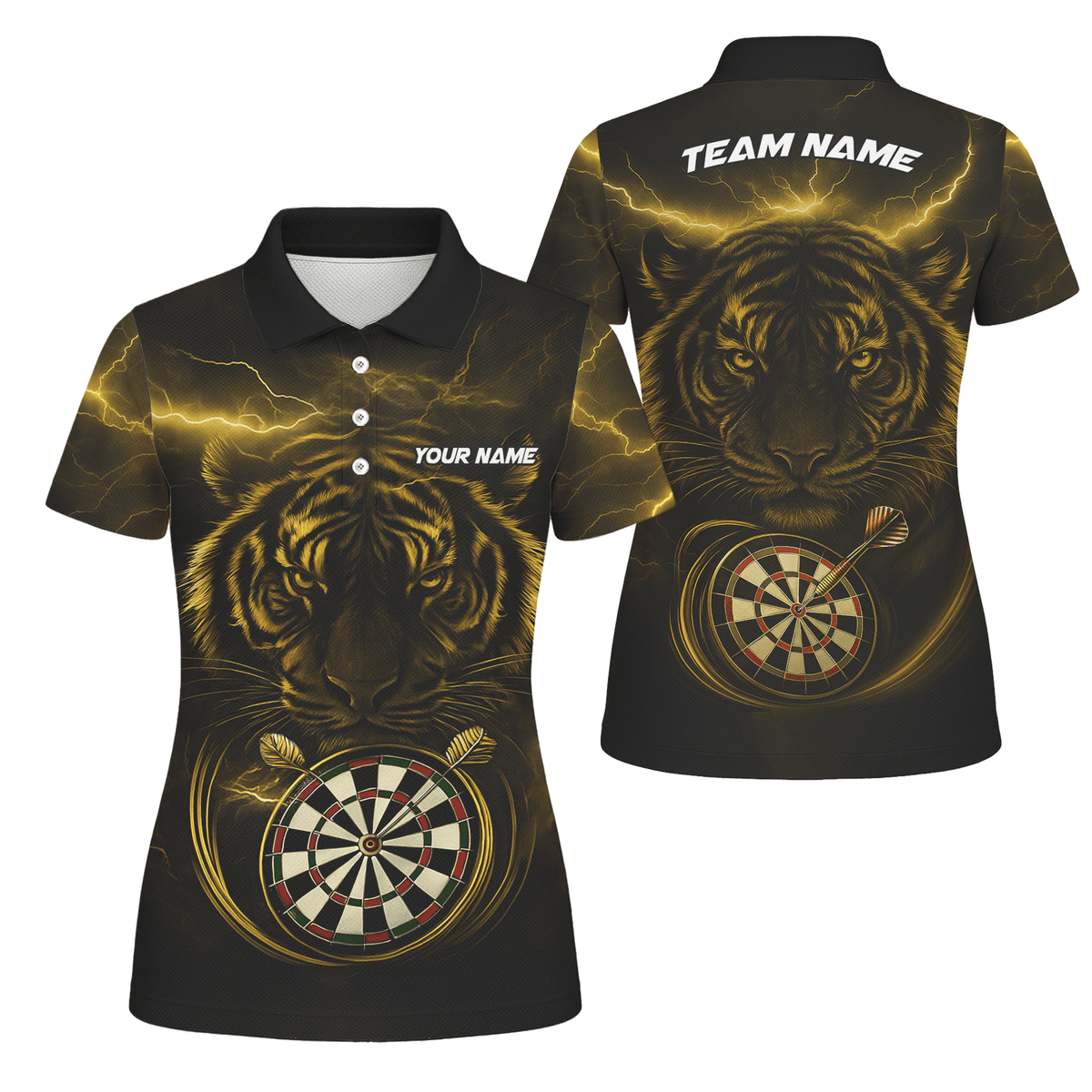 Personalized Gold Lightning Tiger Dart Polo Shirt Black For Women N4631 main image - polo No