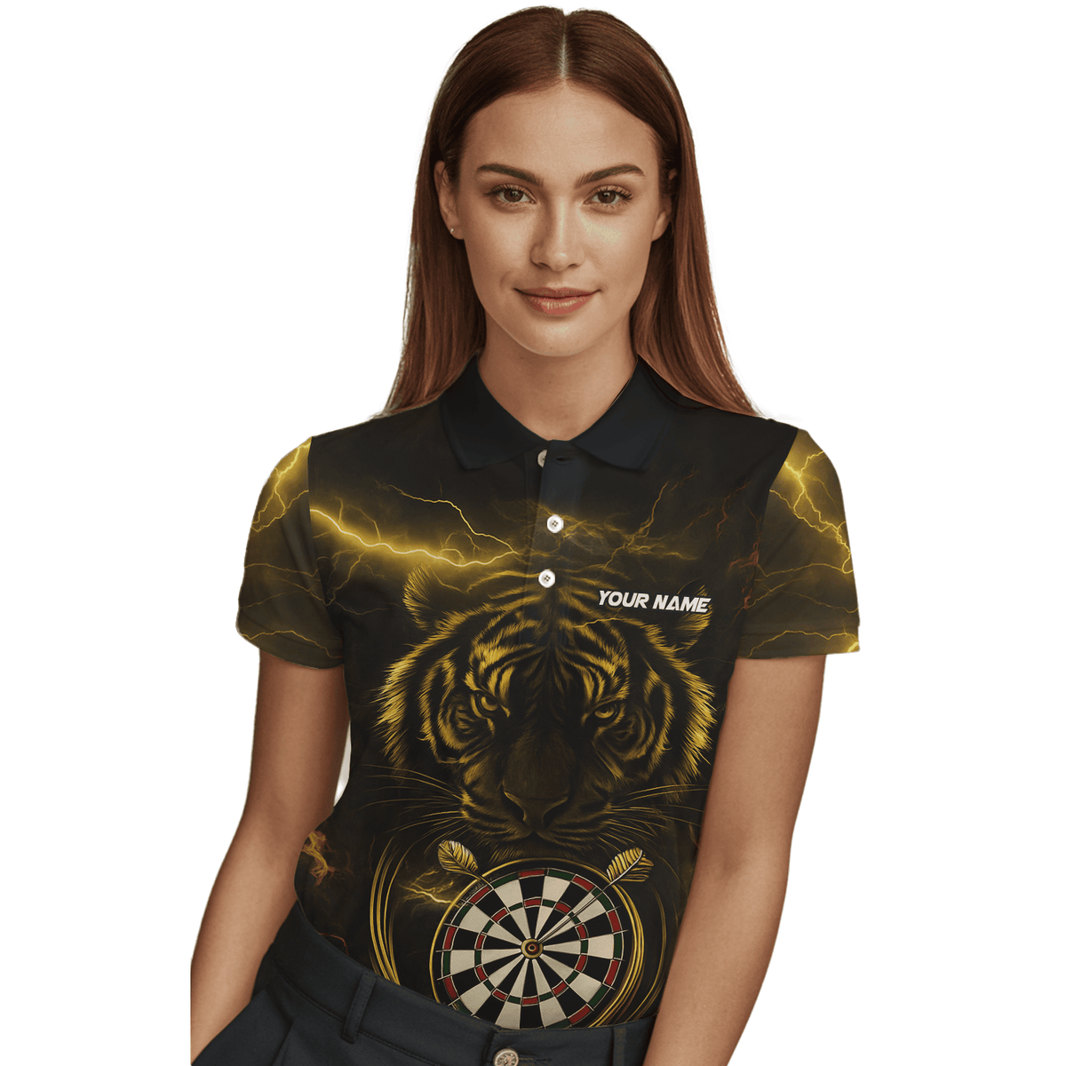 Personalized Gold Lightning Tiger Dart Polo Shirt Black For Women N4631 additional image 3