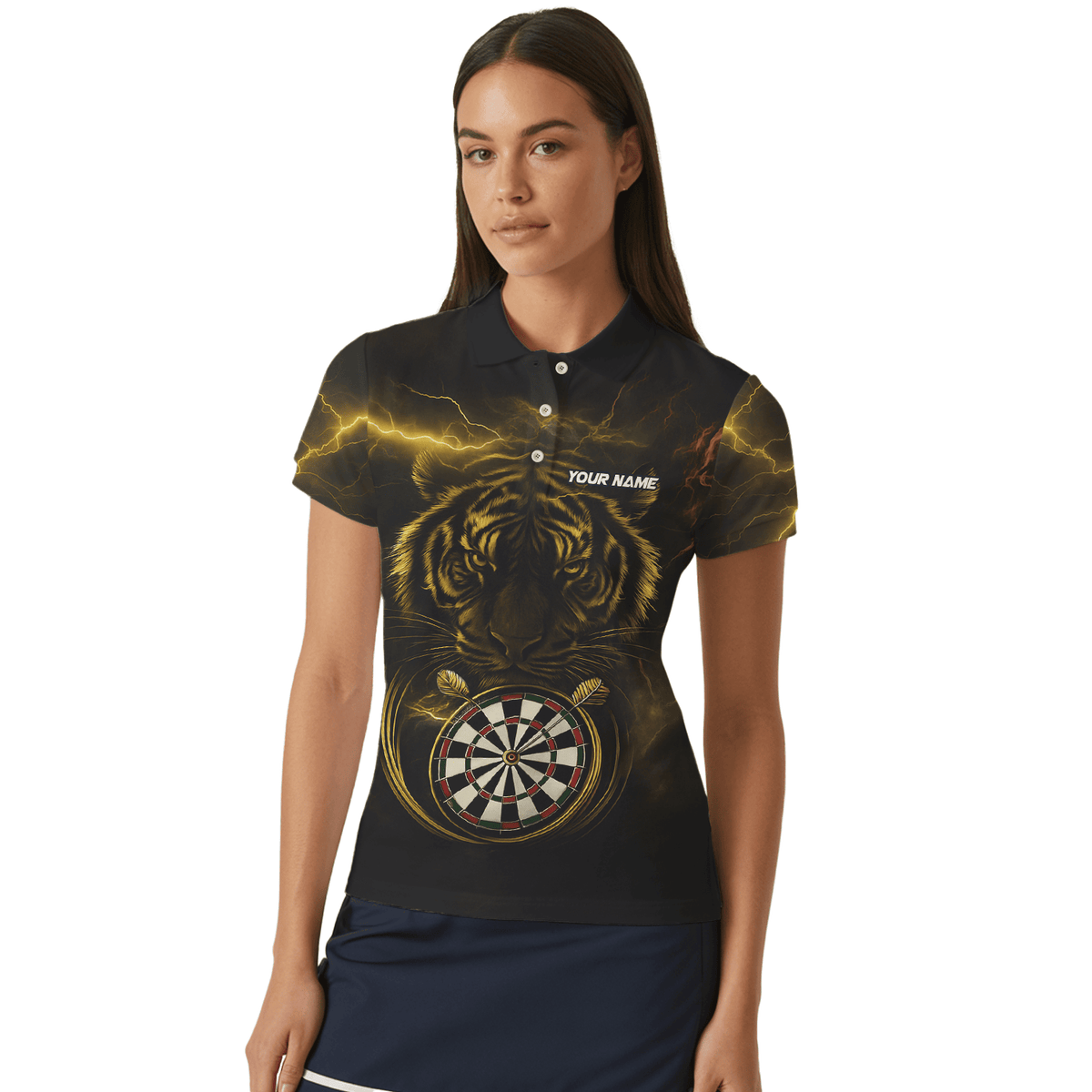 Personalized Gold Lightning Tiger Dart Polo Shirt Black For Women N4631 additional image 4