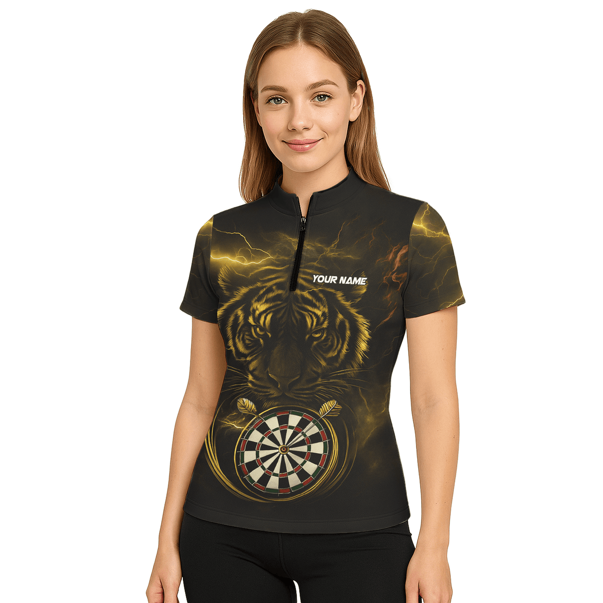 Personalized Gold Lightning Tiger Dart Polo Shirt Black For Women N4631 additional image 5