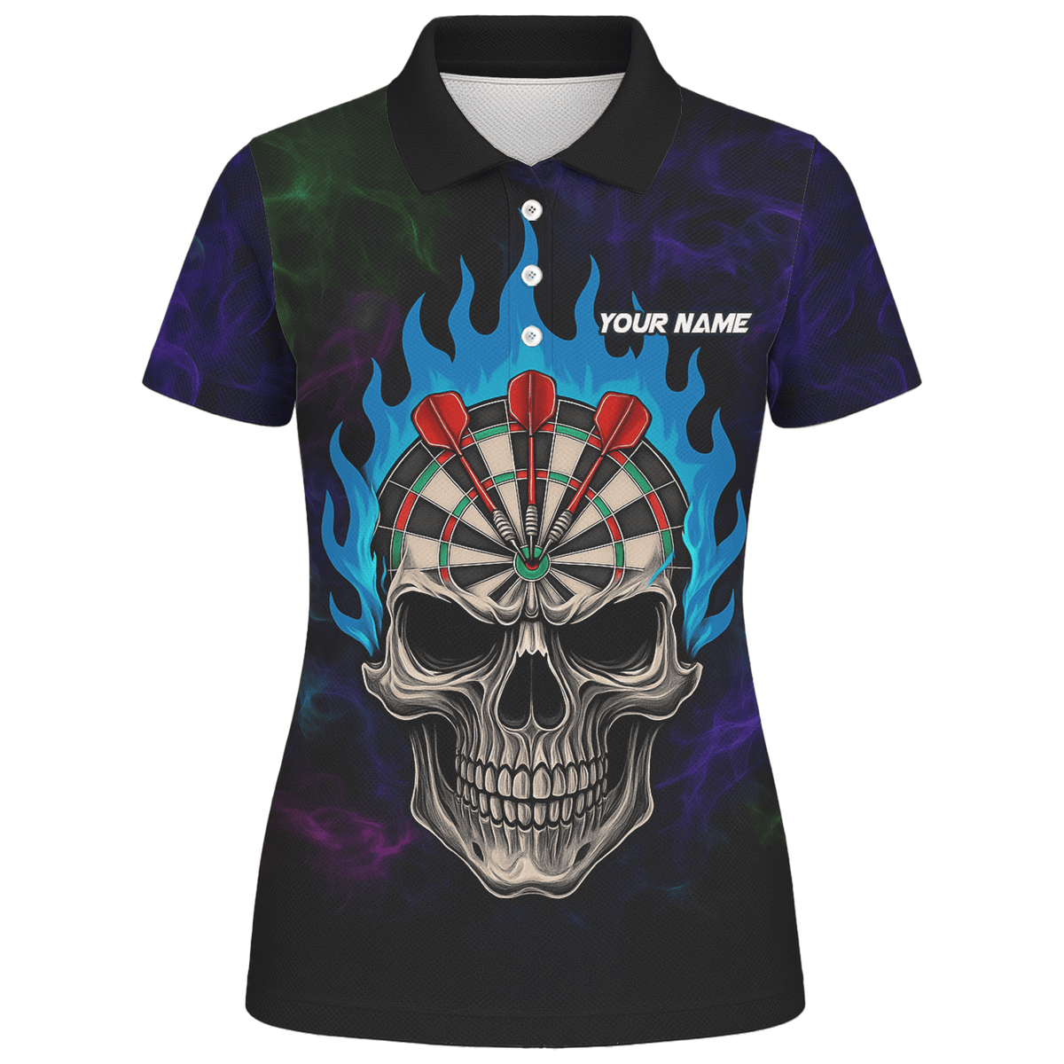 Personalized Black Skull Darts Polo Shirt Blue Flame For Women W9405 additional image 1