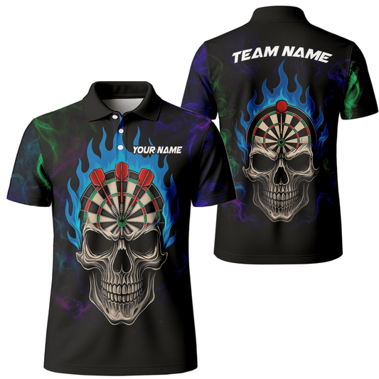 Personalized Black Skull Darts Polo Shirt Blue Flame For Men W9405 main image - polo No