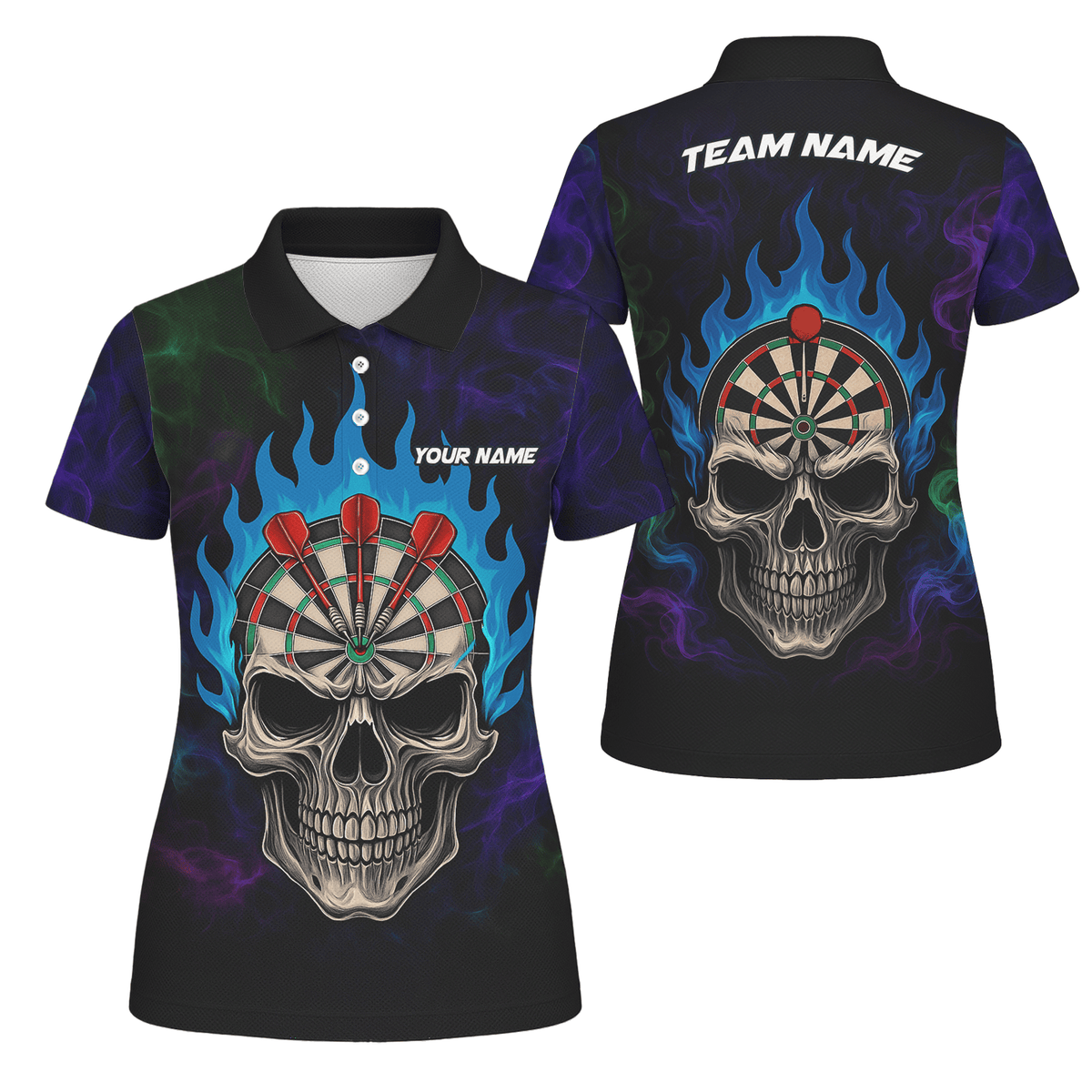 Personalized Black Skull Darts Polo Shirt Blue Flame For Women W9405 main image - polo No