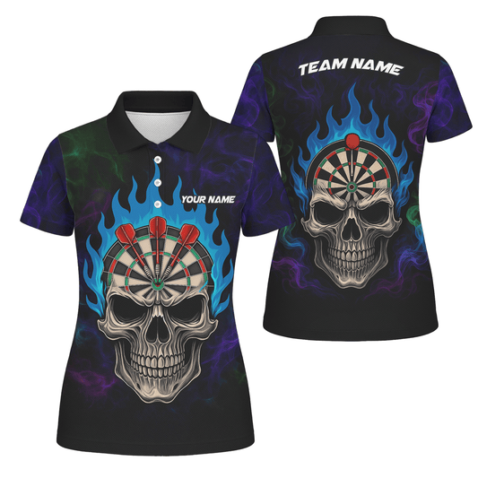 Personalized Black Skull Darts Polo Shirt Blue Flame For Women W9405 main image - polo No