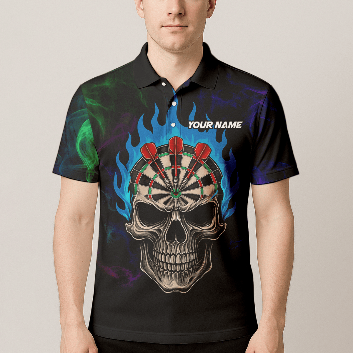 Personalized Black Skull Darts Polo Shirt Blue Flame For Men W9405 additional image 4