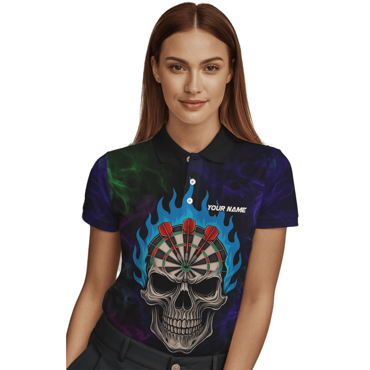 Personalized Black Skull Darts Polo Shirt Blue Flame For Women W9405 additional image 3