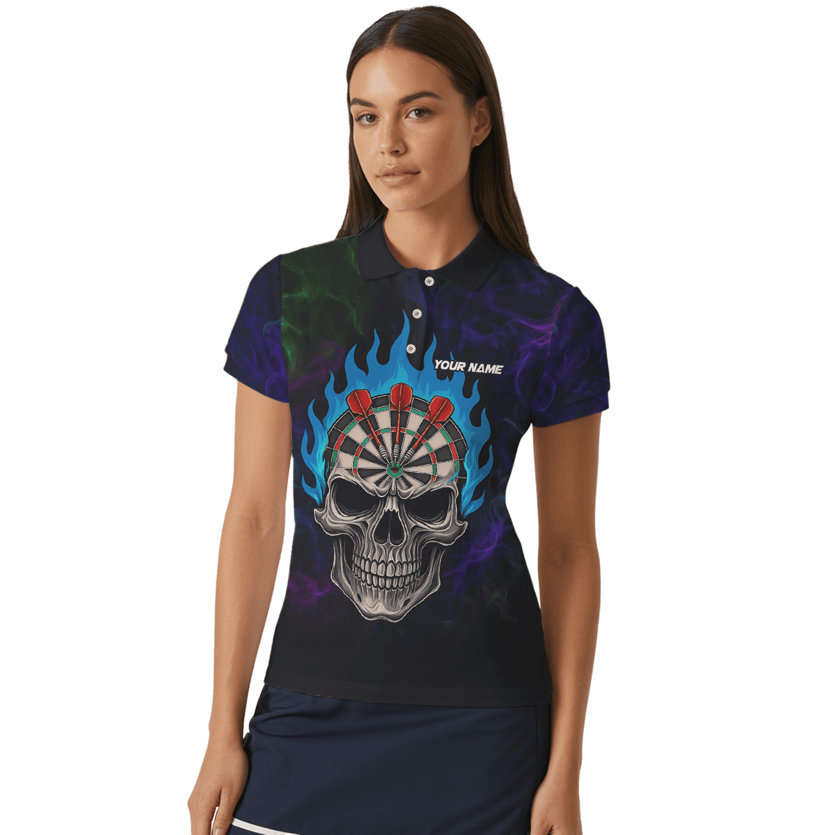Personalized Black Skull Darts Polo Shirt Blue Flame For Women W9405 additional image 4
