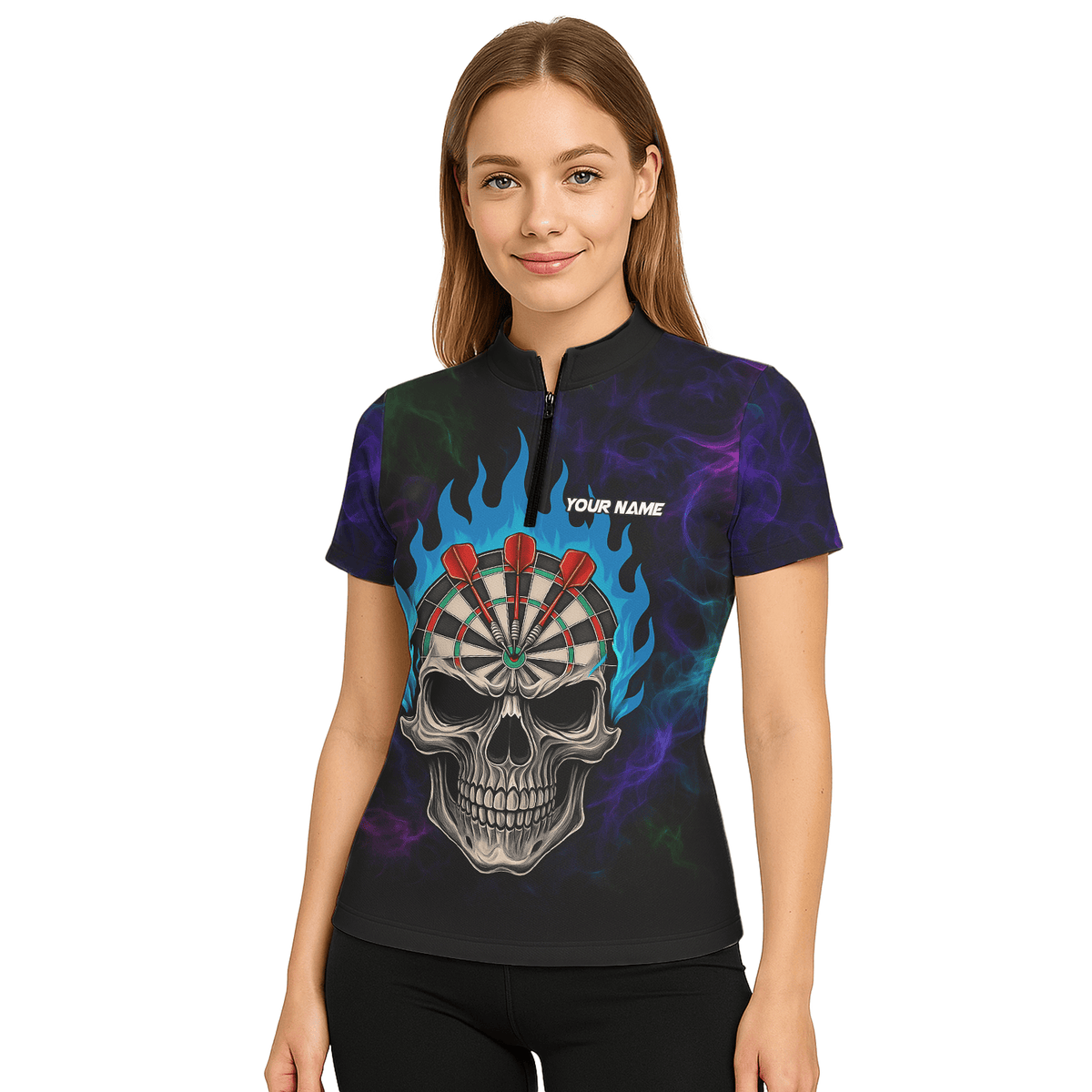 Personalized Black Skull Darts Polo Shirt Blue Flame For Women W9405 additional image 5