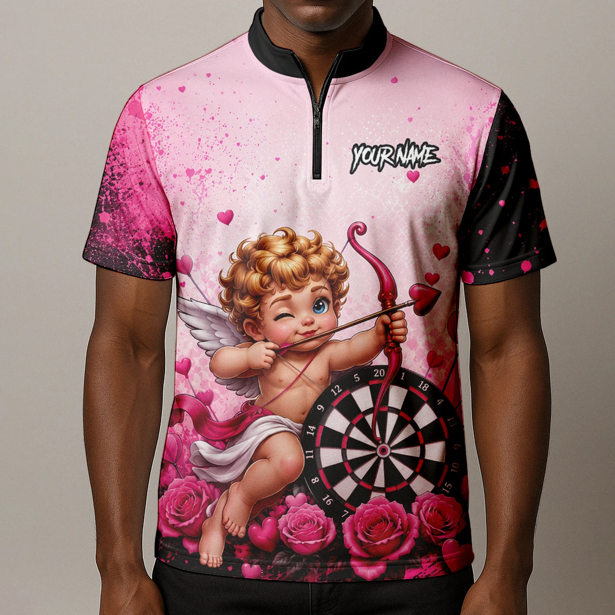 Personalised Pink & Black Cupid Dartboard Darts Shirt For Men I643