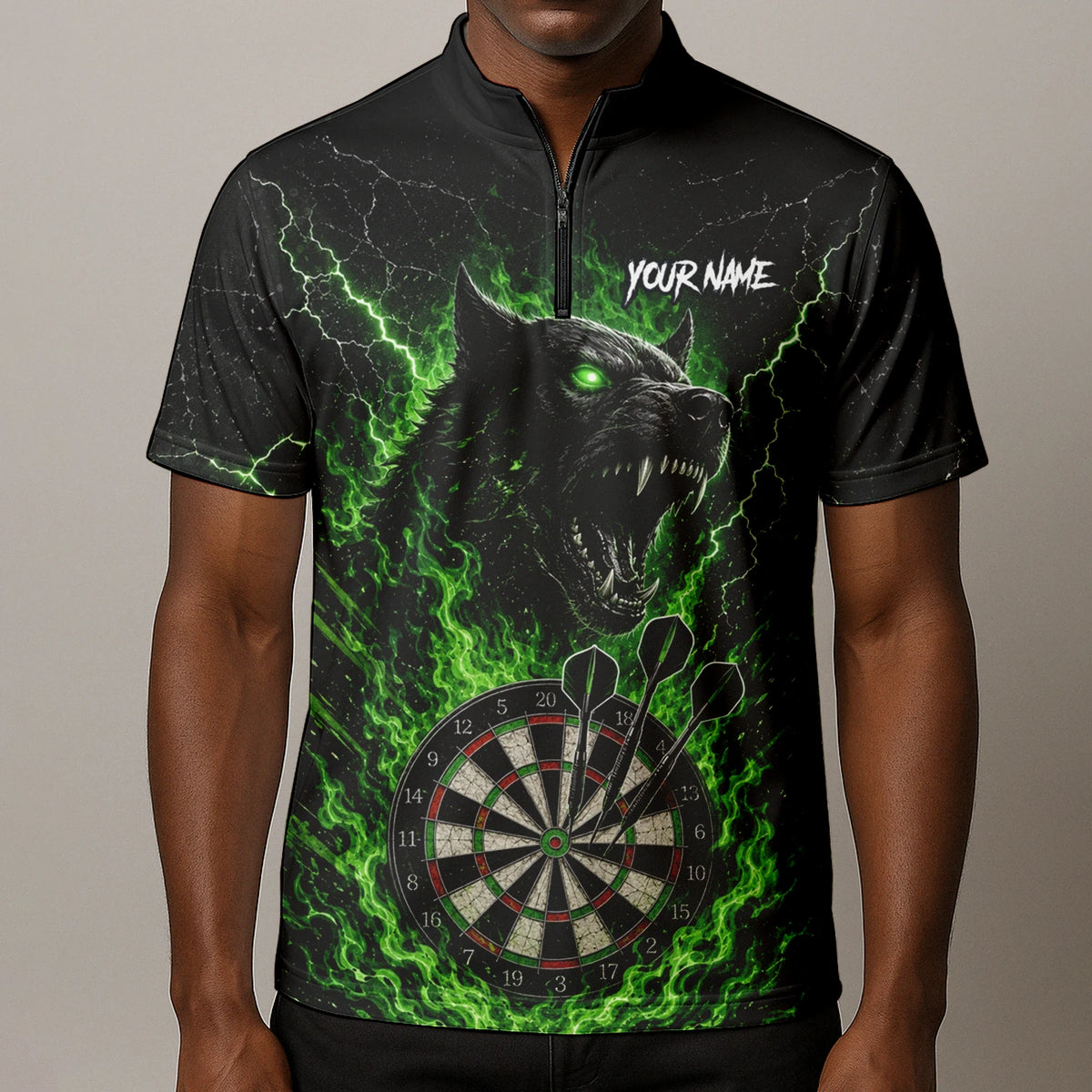Personalised Black & Green Wolf Dartboard Darts Shirt For Men F303