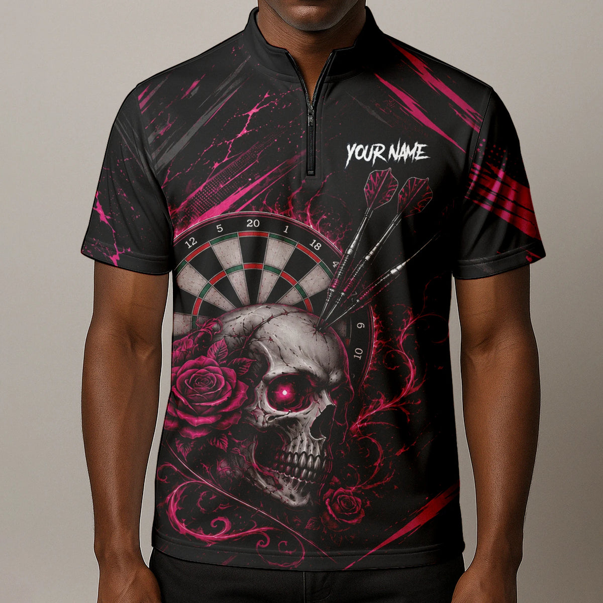 Personalised Black & Pink Skull and Roses Darts Shirt For Men V308