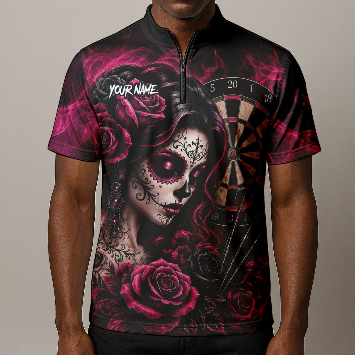 Personalised Black & Pink Sugar Skull Roses Darts Shirt For Men Z109