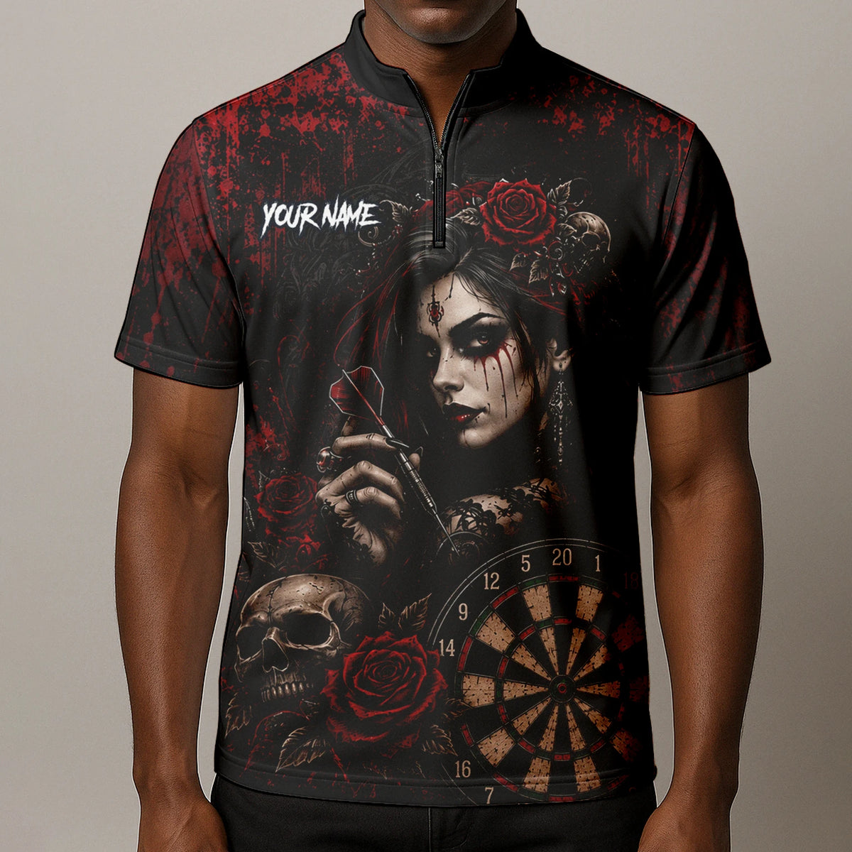 Personalised Black & Red Gothic Woman Skull Darts Shirt For Men W035