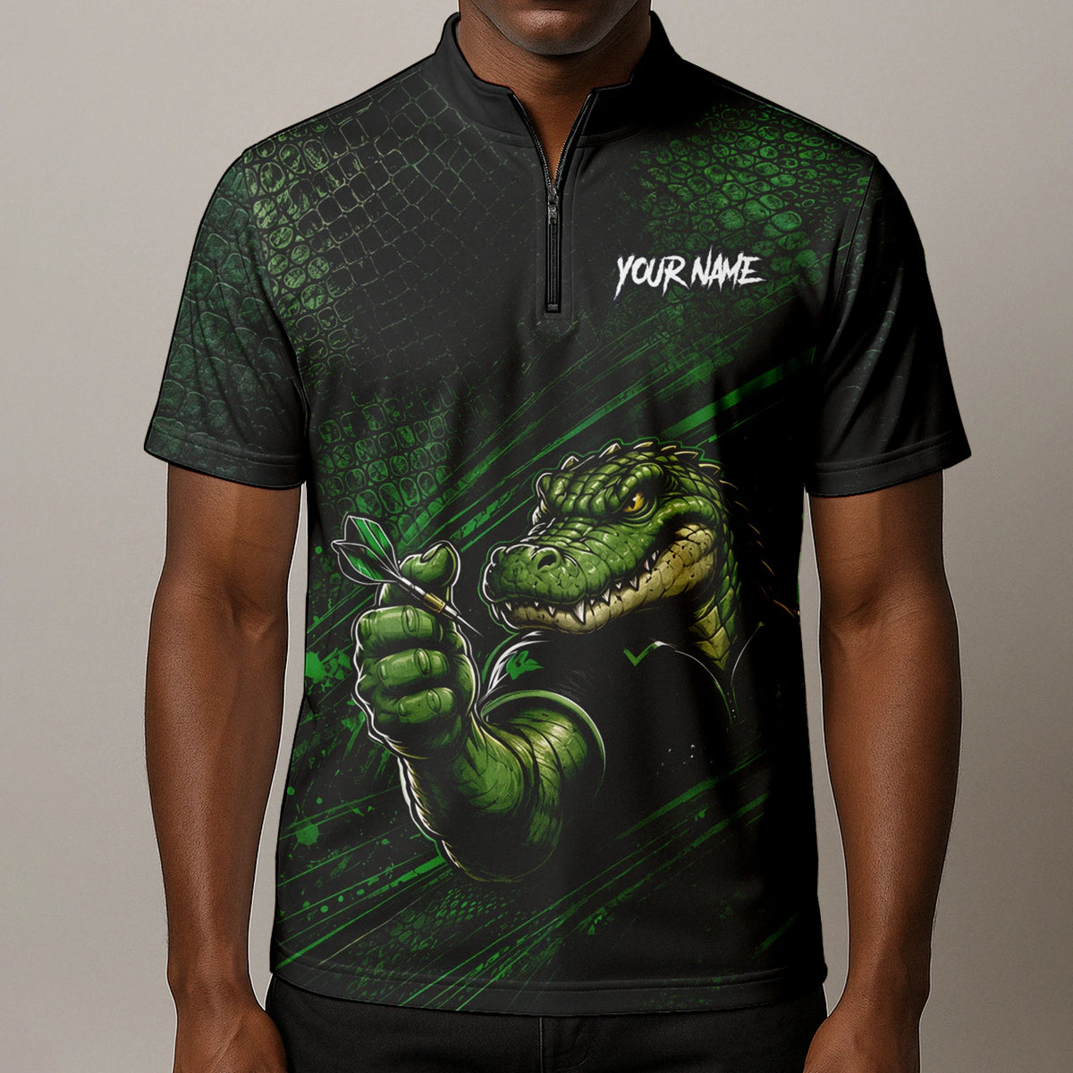 Personalised Black & Green Crocodile Darts Player Shirt For Men I987