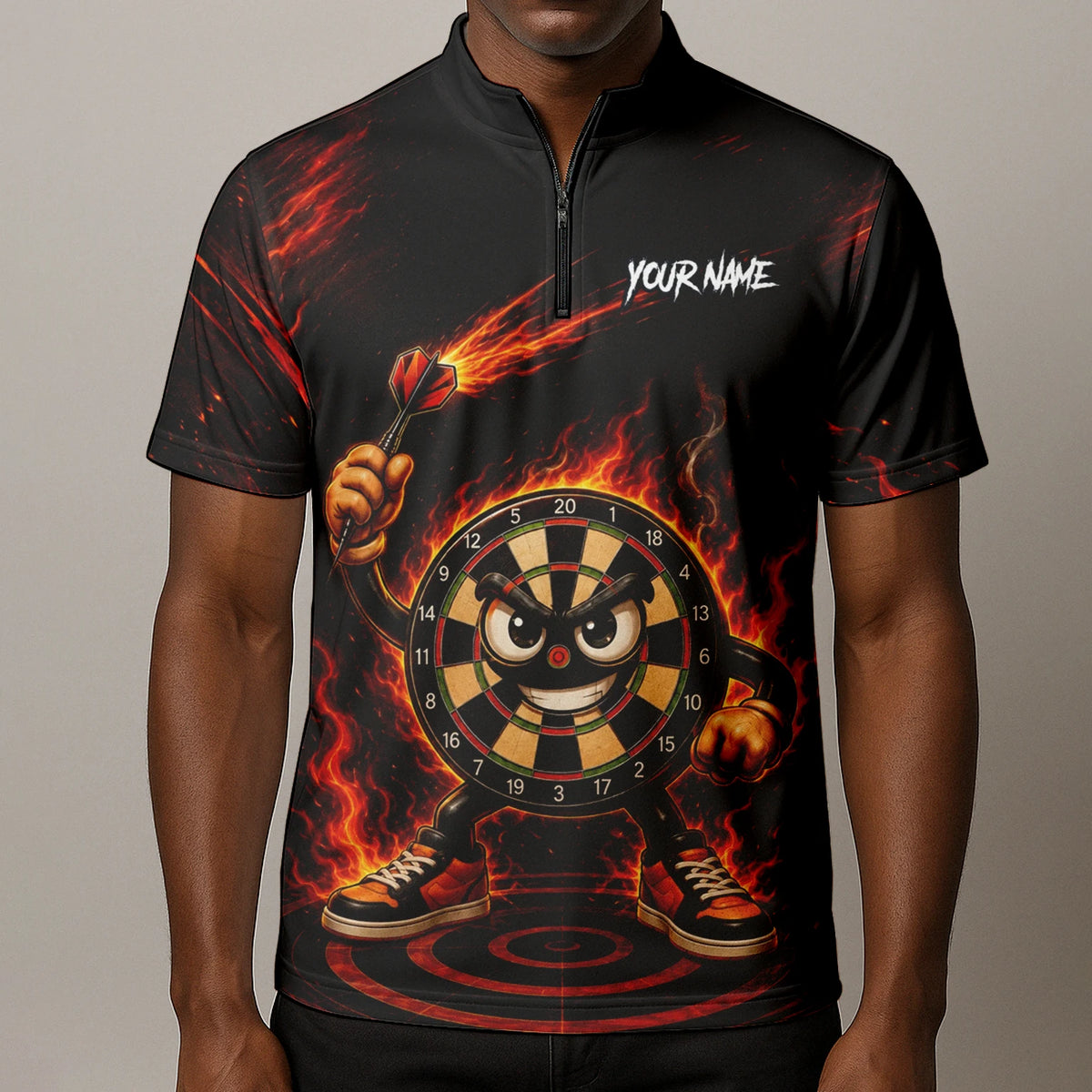 Personalised Black & Red Fiery Dartboard Character Darts Shirt For Men W224