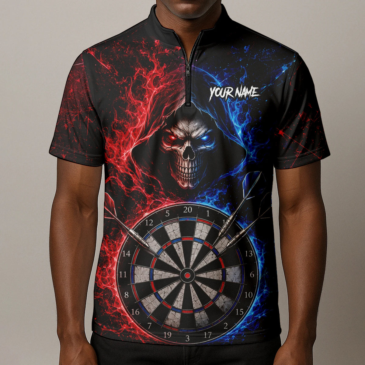 Personalised Red & Blue Split Skull Darts Polo Shirt For Men L857