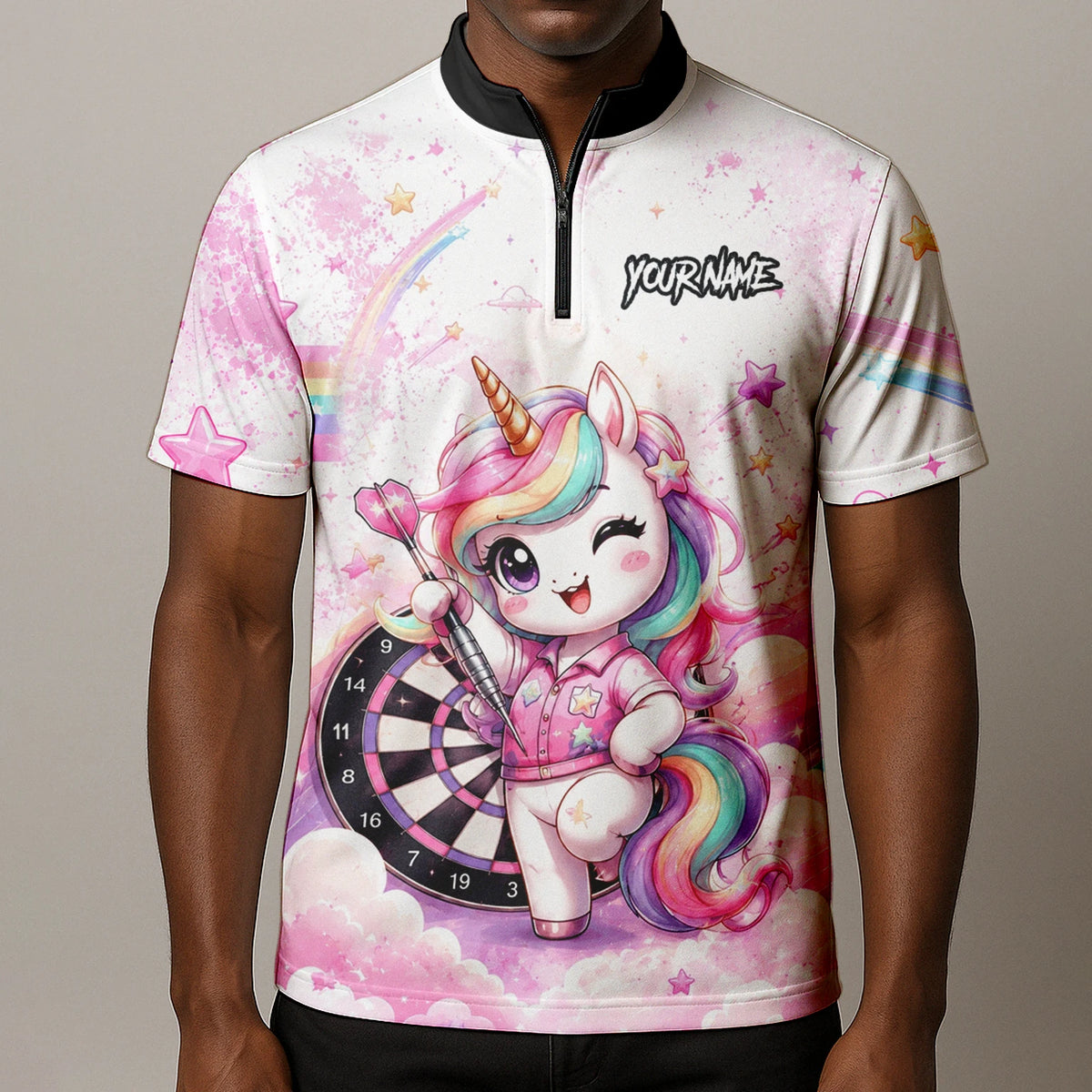 Personalised Pink & White Rainbow Unicorn Darts Shirt For Men F188