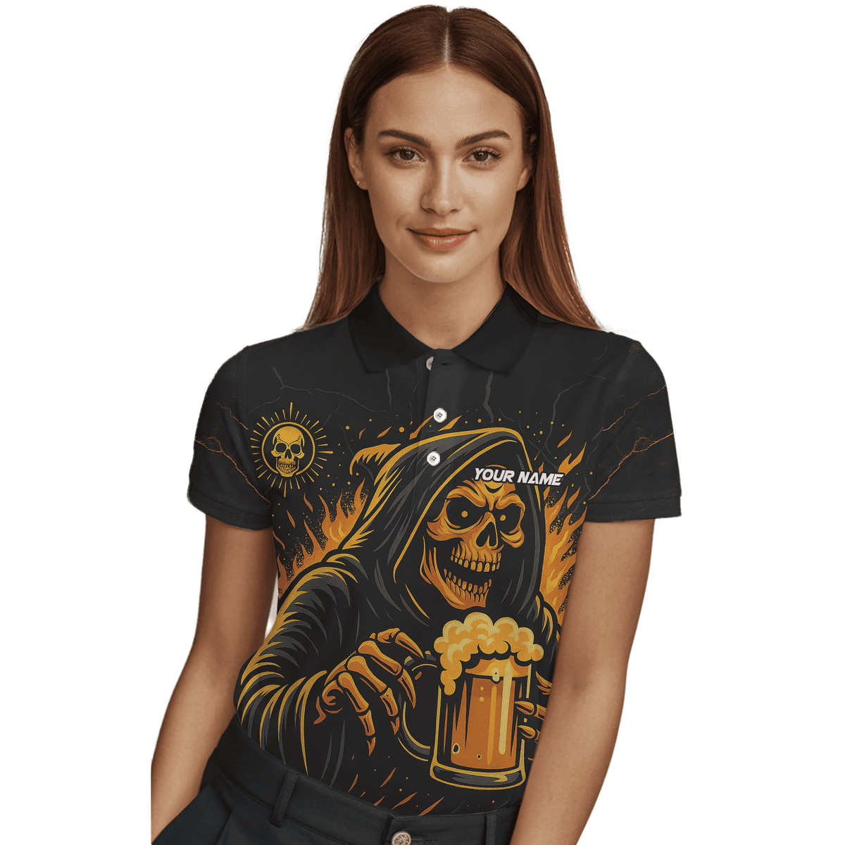 Personalized Grim Reaper Beer Darts Polo Shirt Black Orange For Women B8975 additional image 3