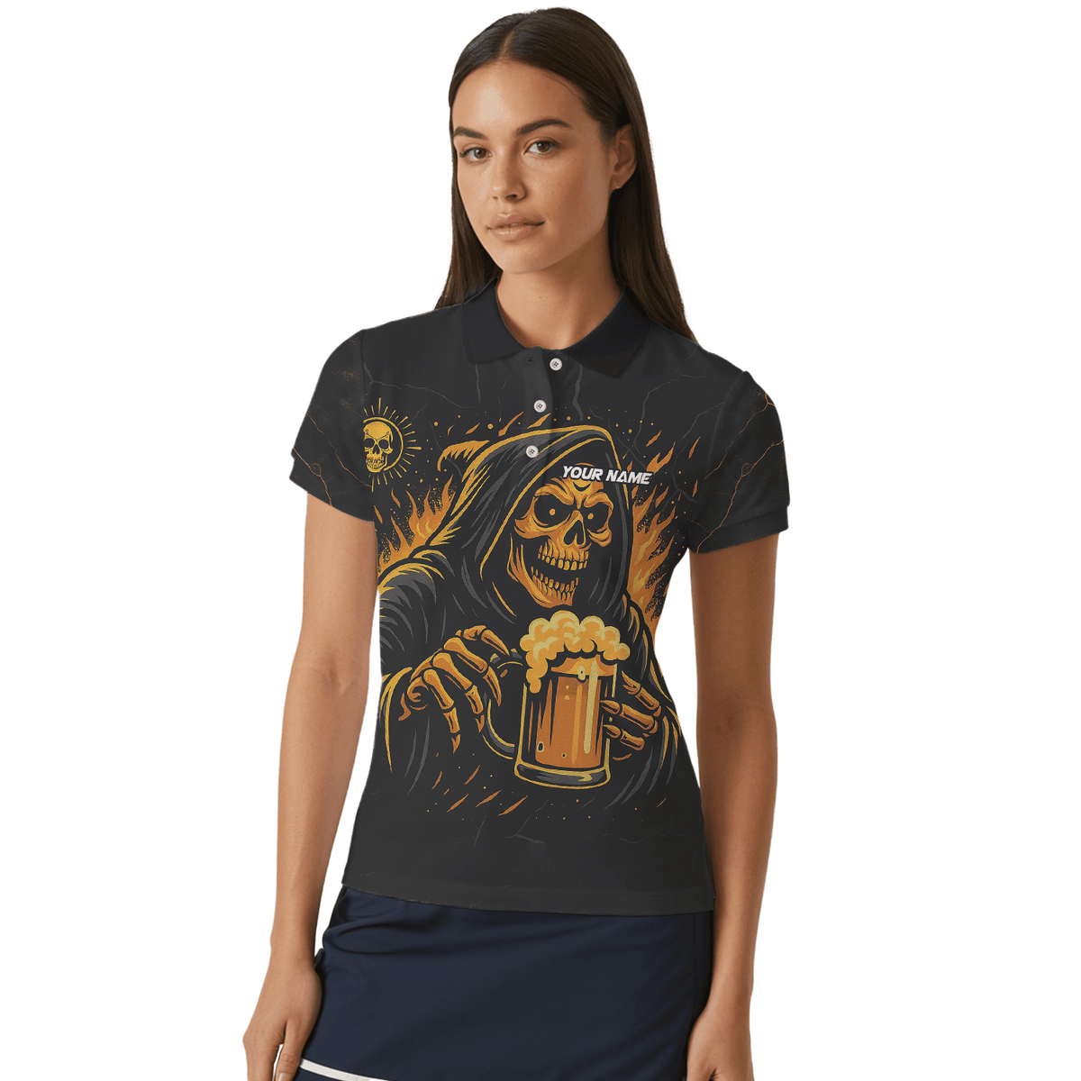 Personalized Grim Reaper Beer Darts Polo Shirt Black Orange For Women B8975 additional image 4