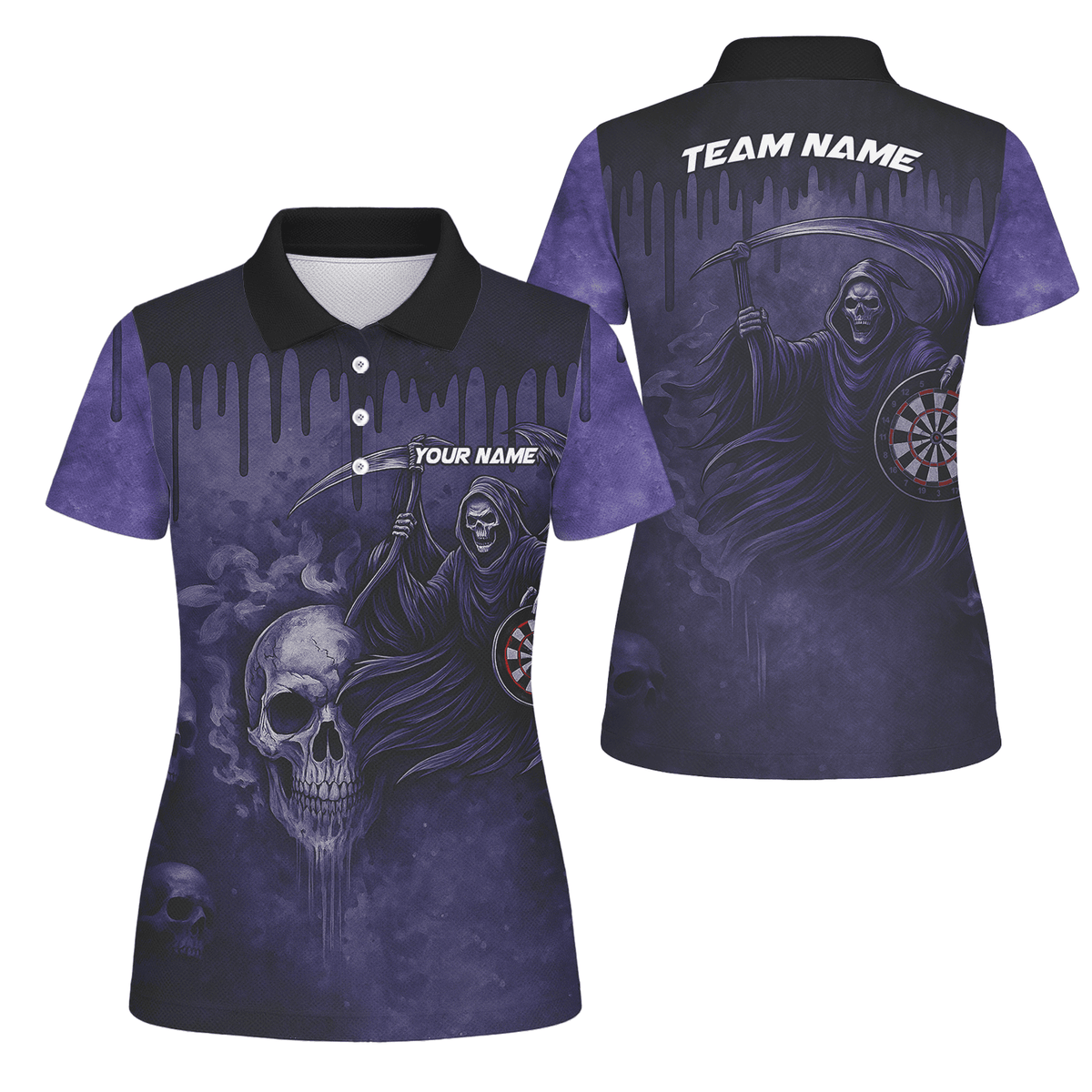 Personalized Grim Reaper Skull Darts Polo Shirt Purple Black For Women C8621 main image - polo No