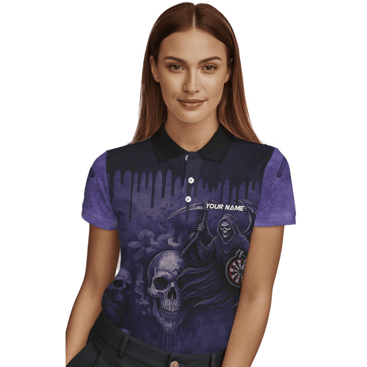 Personalized Grim Reaper Skull Darts Polo Shirt Purple Black For Women C8621 additional image 3