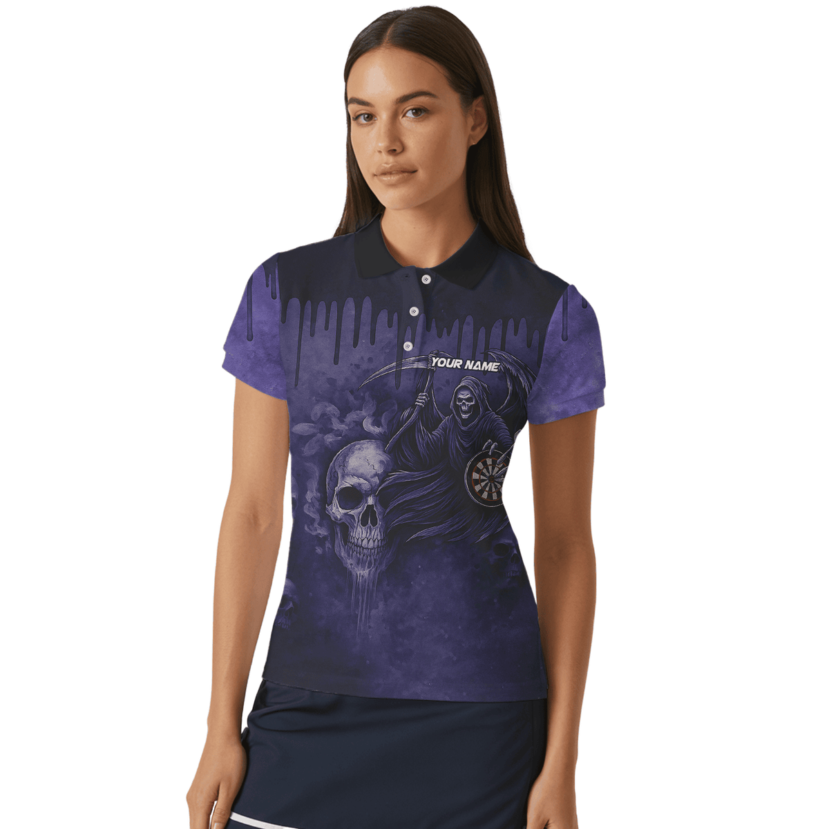 Personalized Grim Reaper Skull Darts Polo Shirt Purple Black For Women C8621 additional image 4