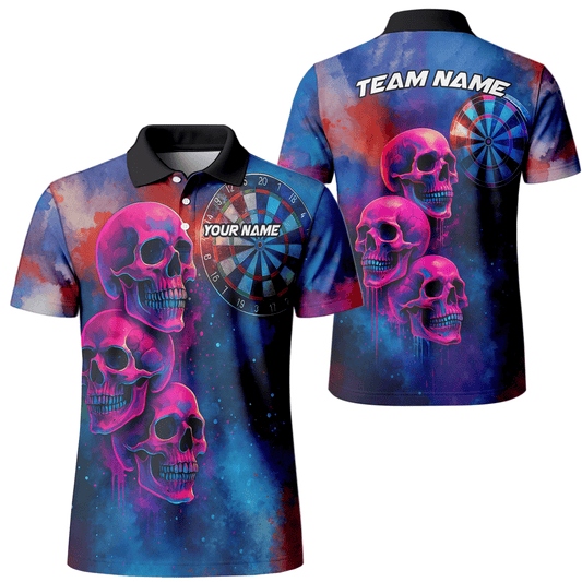 Personalized Pink Skull Darts Polo Shirt for Men Custom Name Team Blue Grunge X1960 main image - polo No