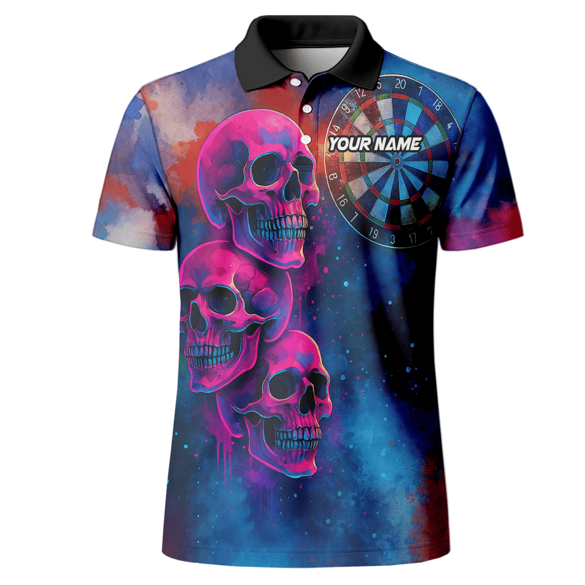 Personalized Pink Skull Darts Polo Shirt for Men Custom Name Team Blue Grunge X1960 additional image 2