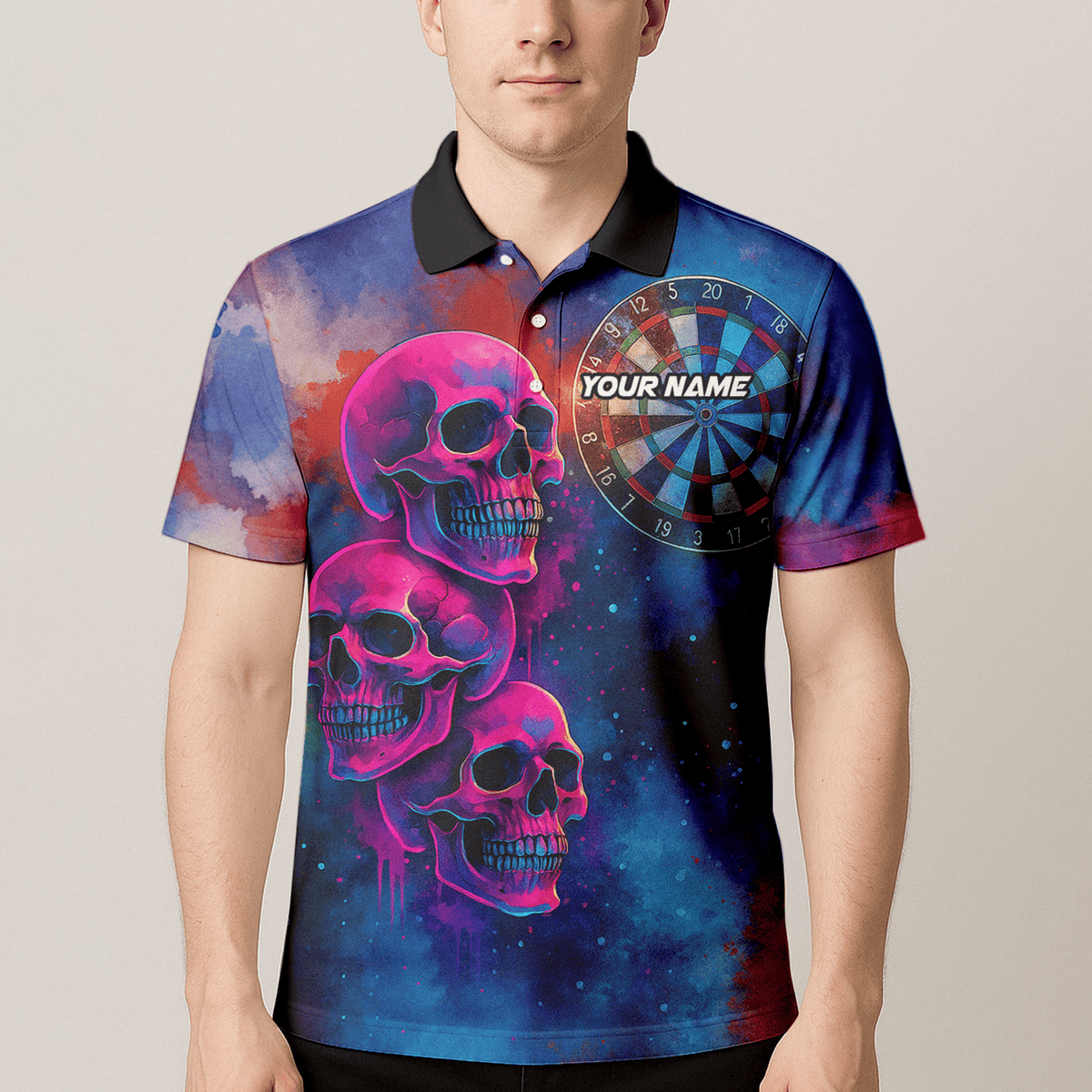 Personalized Pink Skull Darts Polo Shirt for Men Custom Name Team Blue Grunge X1960 additional image 4