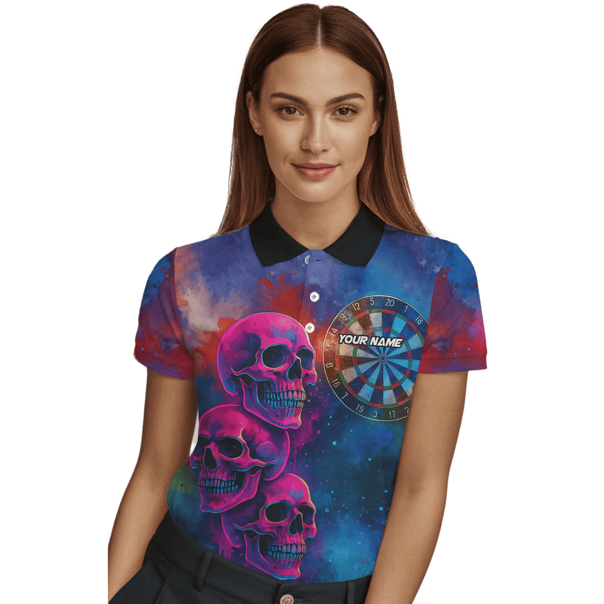 Personalized Pink Skull Darts Polo Shirt For Women Custom Name Team Blue Grunge X1960 additional image 3
