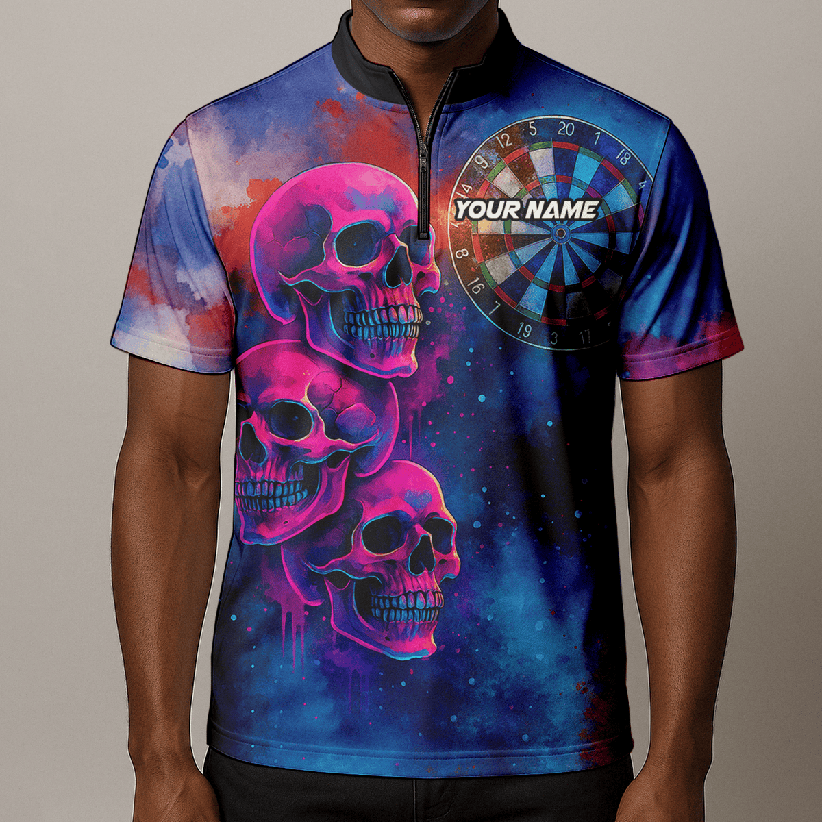 Personalized Pink Skull Darts Polo Shirt for Men Custom Name Team Blue Grunge X1960 additional image 8