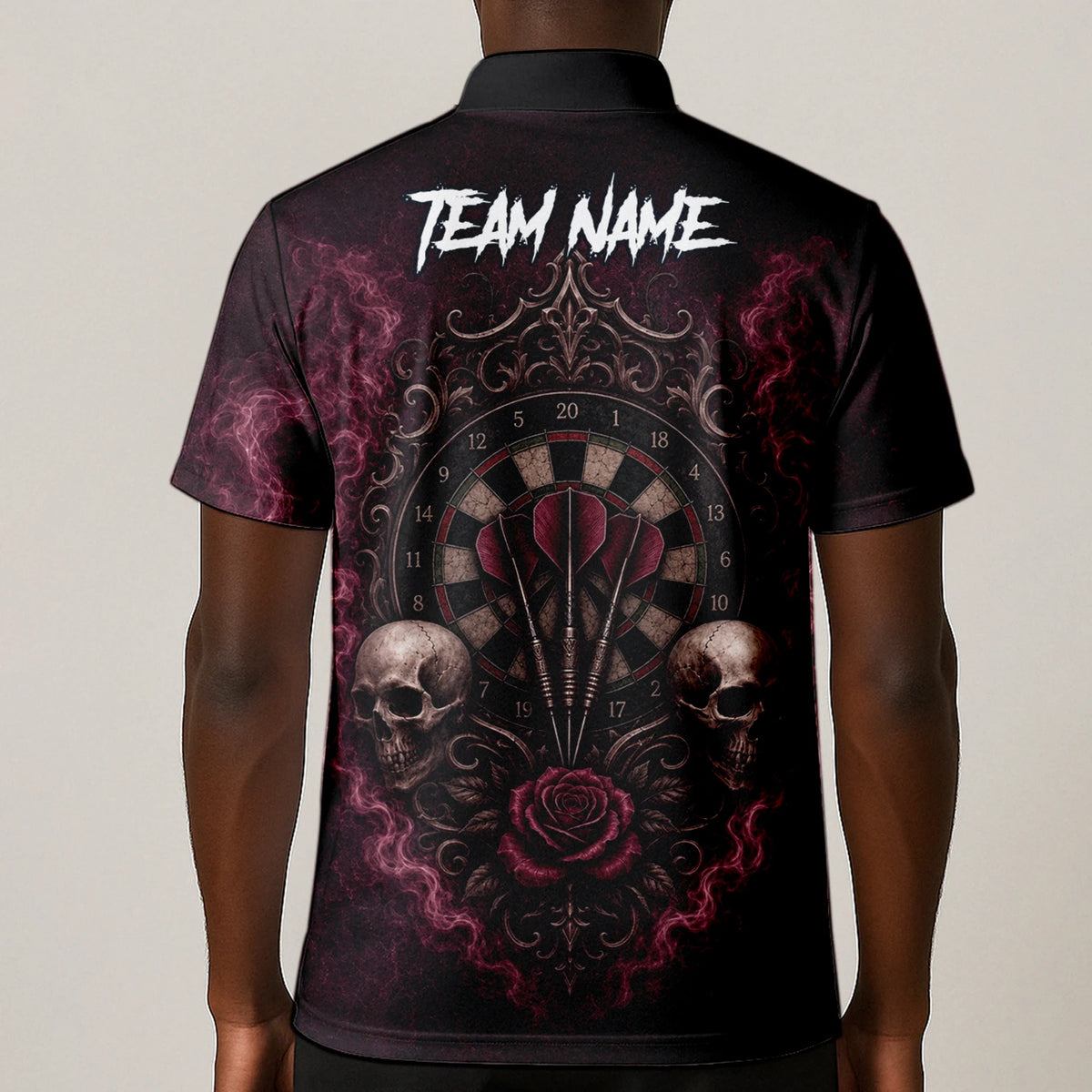 Personalised Burgundy & Black Skull Rose Darts Shirt For Men U786