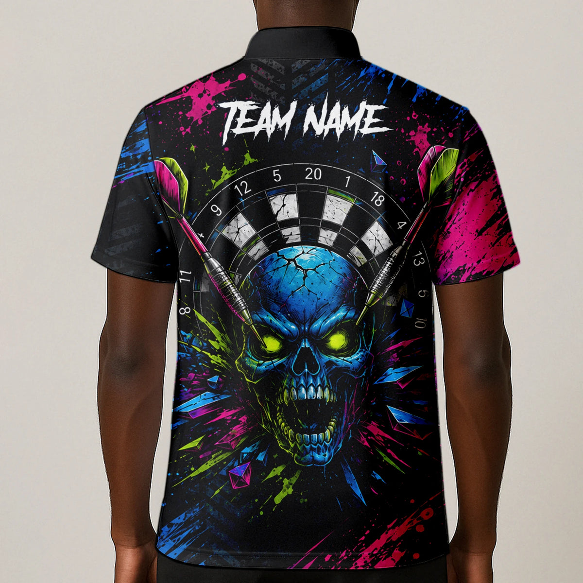Personalised Neon Blue Green & Pink Skull Dartboard Darts Shirt For Men S232
