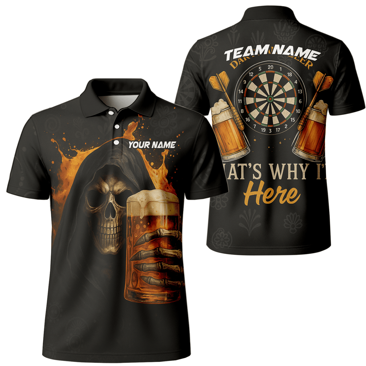 Custom Dart Polo Shirt Grim Reaper Beer Skull Black Orange for Men Y5103 main image - polo No