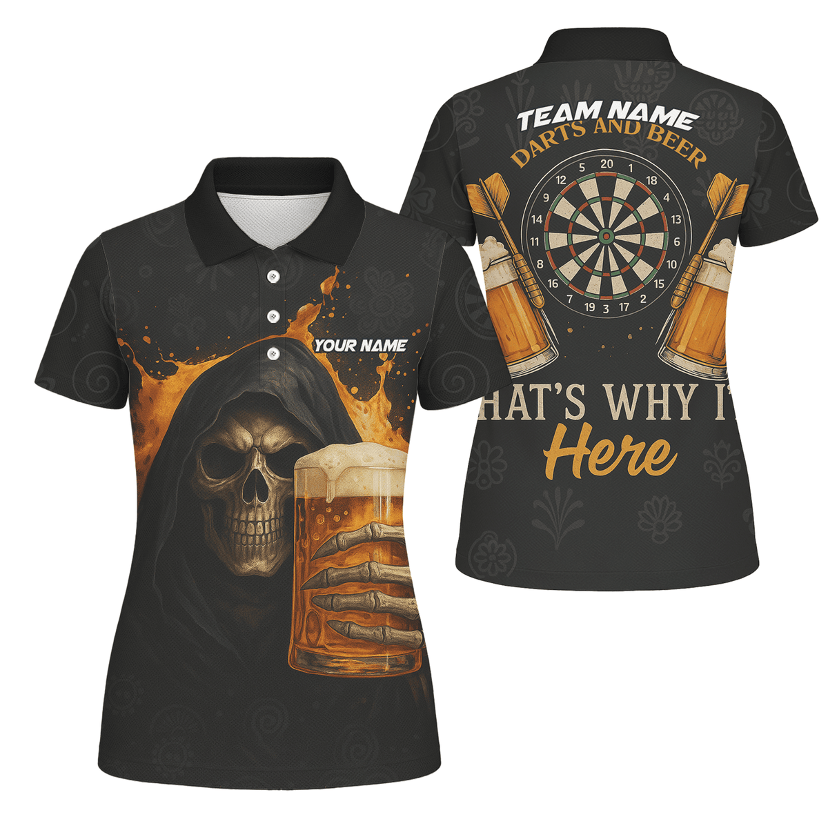 Custom Dart Polo Shirt Grim Reaper Beer Skull Black Orange For Women Y5103 main image - polo No