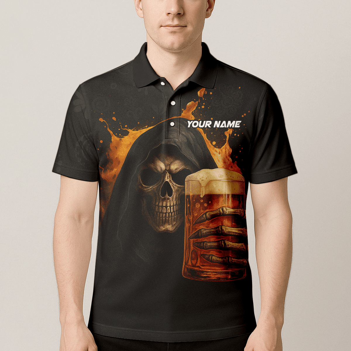 Custom Dart Polo Shirt Grim Reaper Beer Skull Black Orange for Men Y5103 additional image 4
