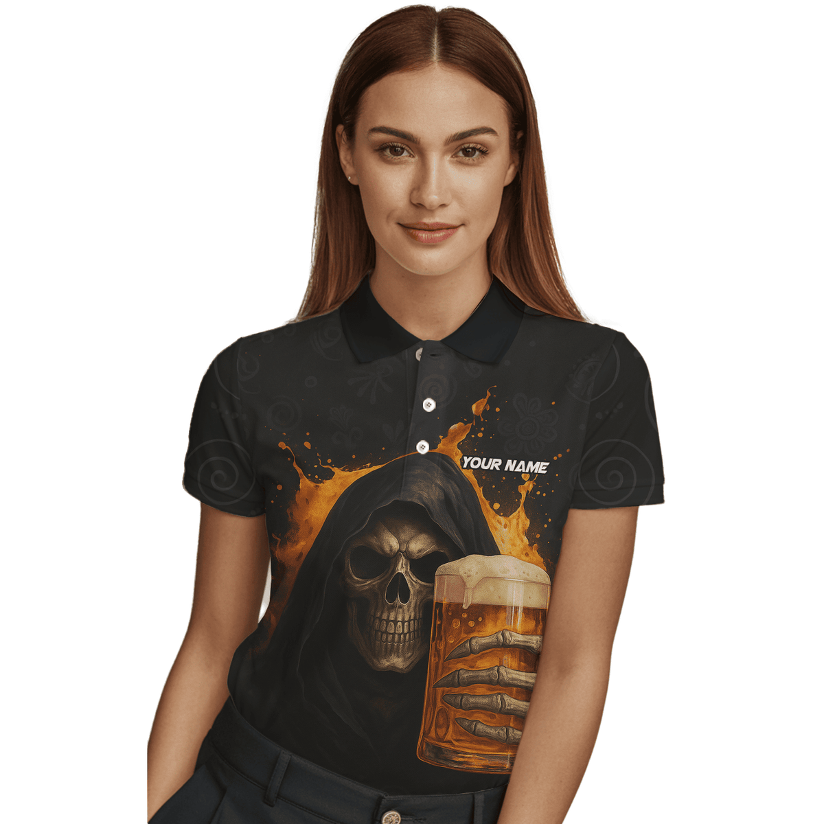Custom Dart Polo Shirt Grim Reaper Beer Skull Black Orange For Women Y5103 additional image 3