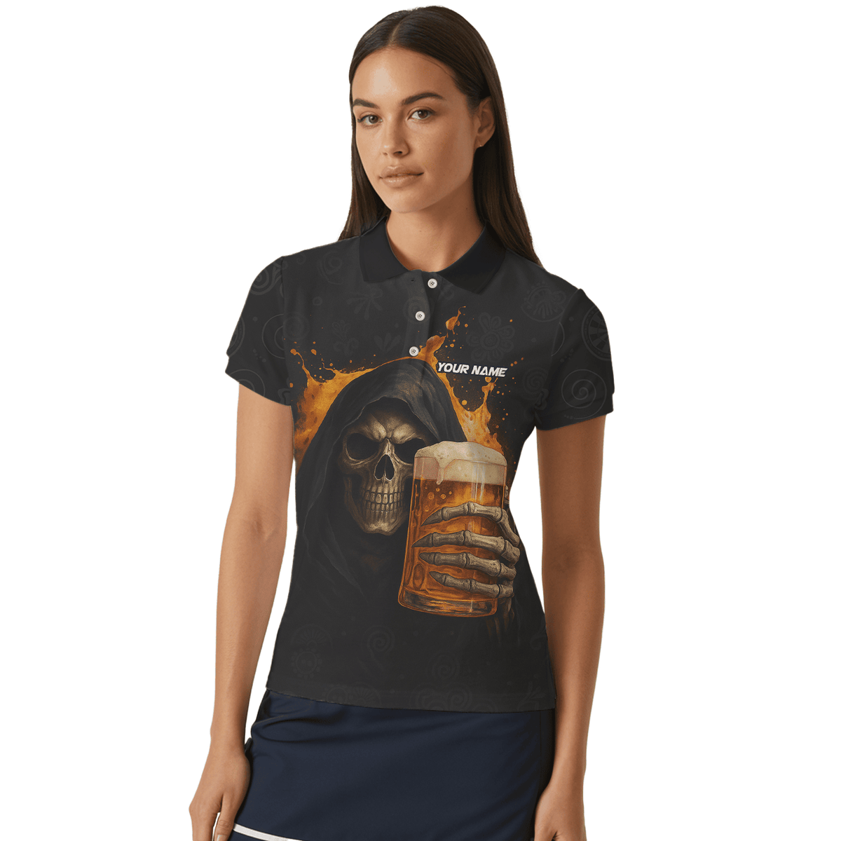 Custom Dart Polo Shirt Grim Reaper Beer Skull Black Orange For Women Y5103 additional image 4