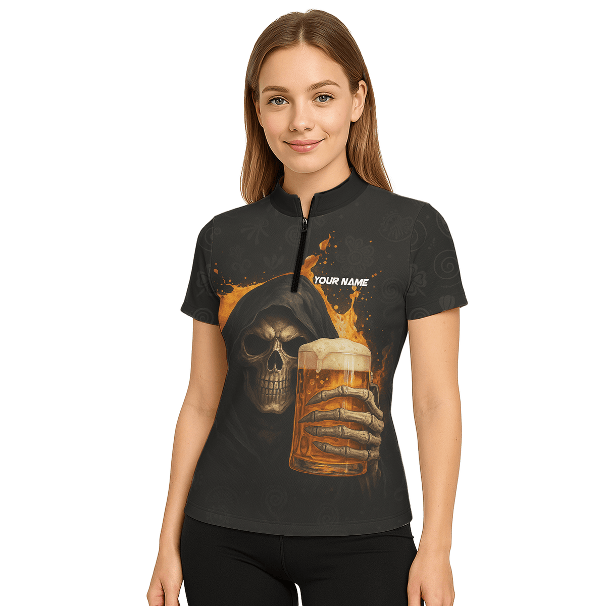 Custom Dart Polo Shirt Grim Reaper Beer Skull Black Orange For Women Y5103 additional image 5