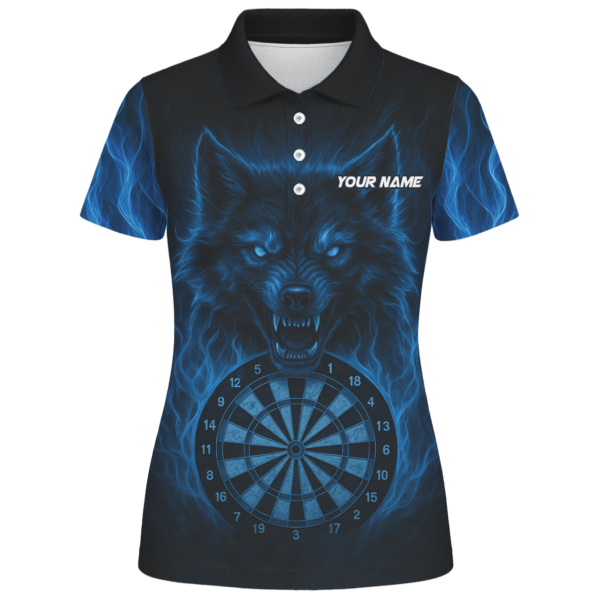 Personalized Blue Flaming Wolf Dartboard Dart Shirt Polo Black For Women E3749 additional image 1
