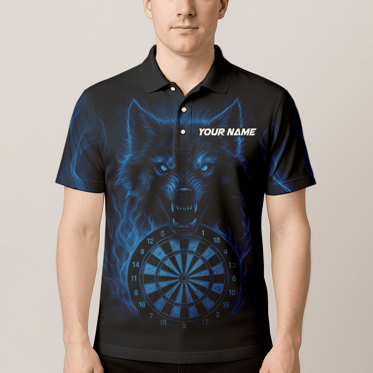 Personalized Blue Flaming Wolf Dartboard Dart Shirt Polo Black For Men E3749 additional image 4