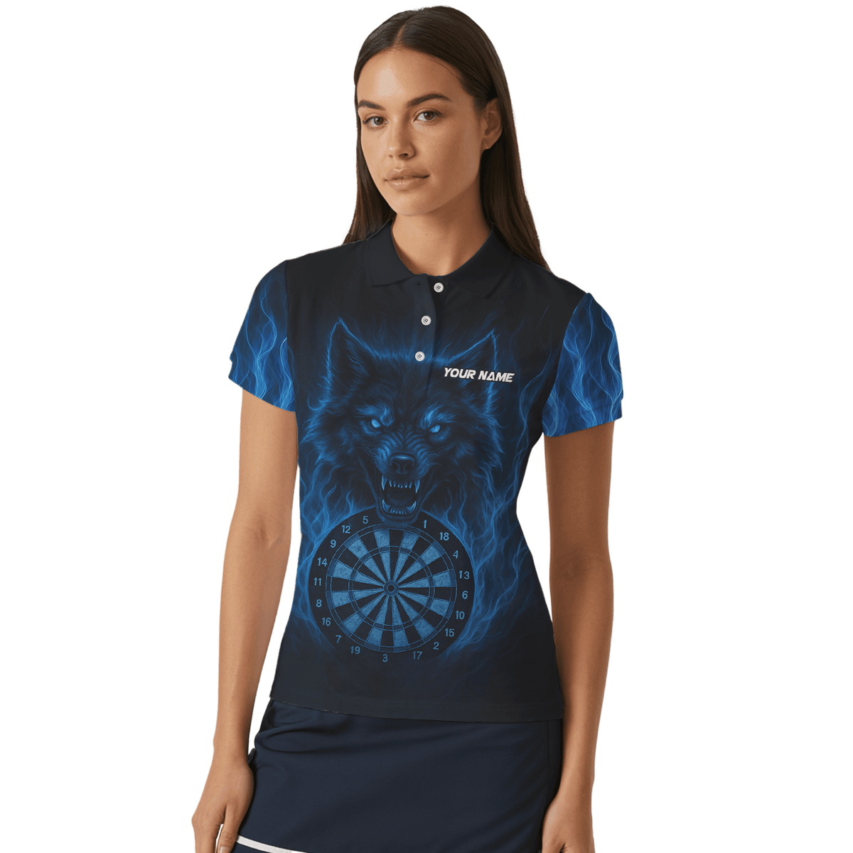 Personalized Blue Flaming Wolf Dartboard Dart Shirt Polo Black For Women E3749 additional image 4