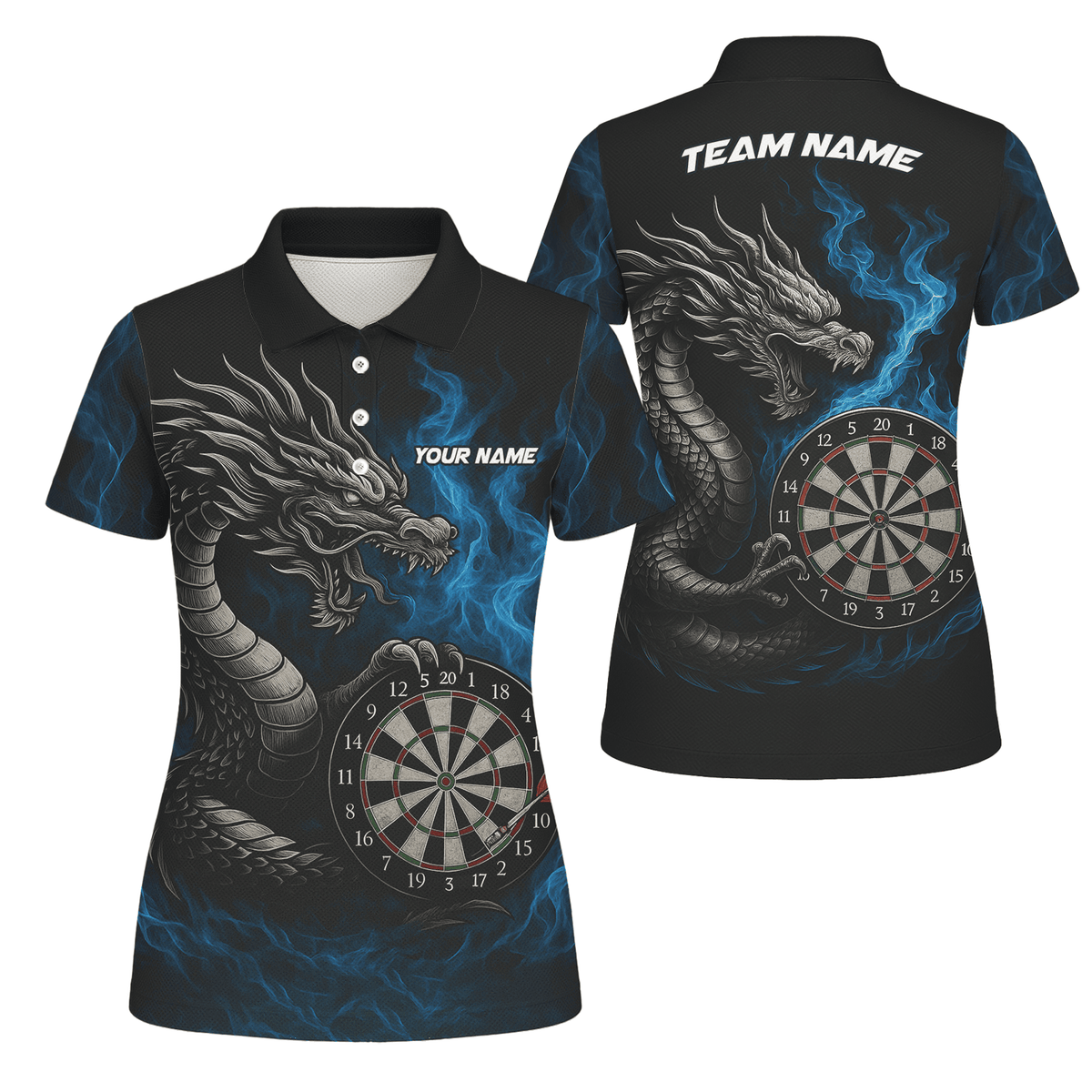Personalized Dart Polo Shirt Custom Name Team Blue Flame Dragon Jersey For Women S7926 main image - polo No