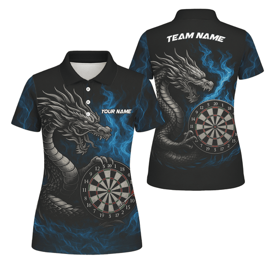 Personalized Dart Polo Shirt Custom Name Team Blue Flame Dragon Jersey For Women S7926 main image - polo No