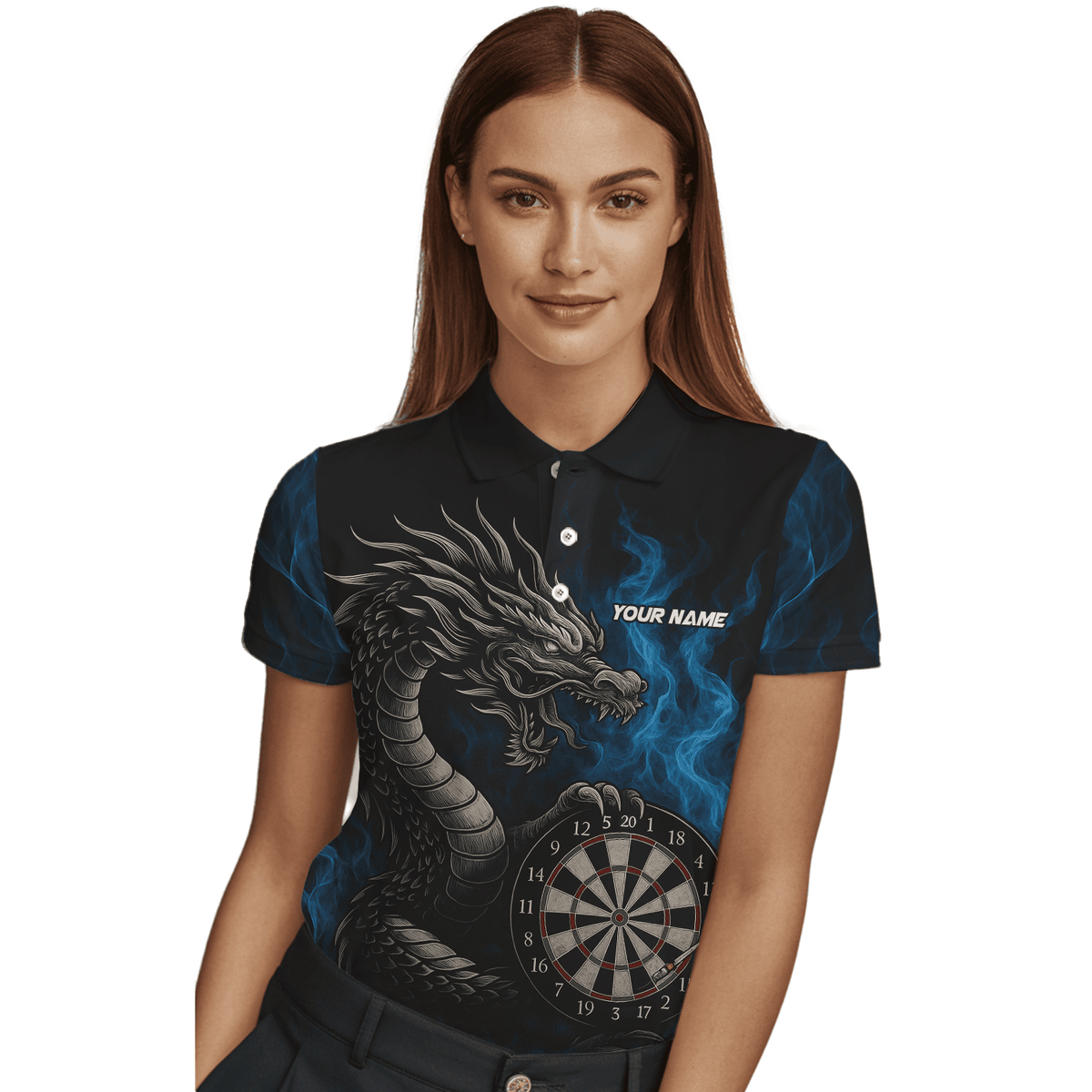Personalized Dart Polo Shirt Custom Name Team Blue Flame Dragon Jersey For Women S7926 additional image 3