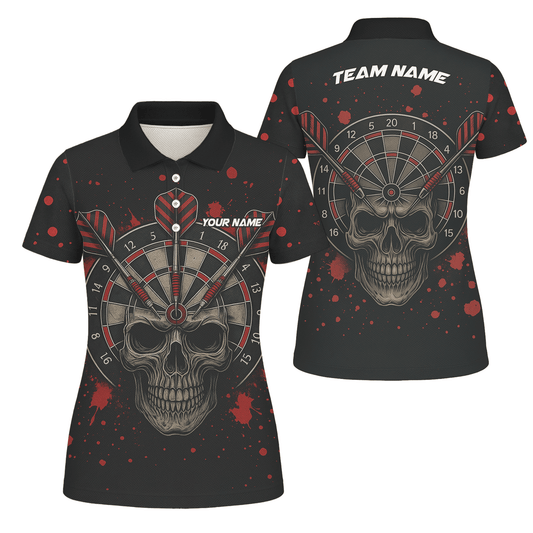 Personalized Grunge Skull Darts Polo Shirt Black Red For Women A5652 main image - polo No