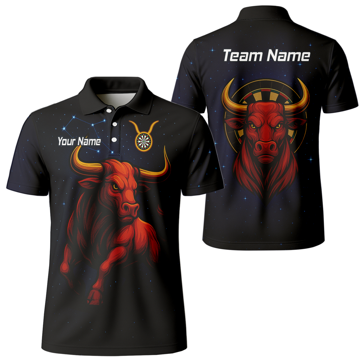 Personalised Taurus Bull Darts Polo Shirt Black Red Gold For Men M5020 main image - polo No
